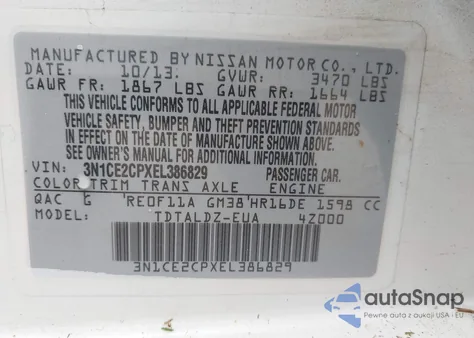 2014 Nissan Versa Note Sv из США, поврежденный, VIN 3N1CE2CPXEL386829